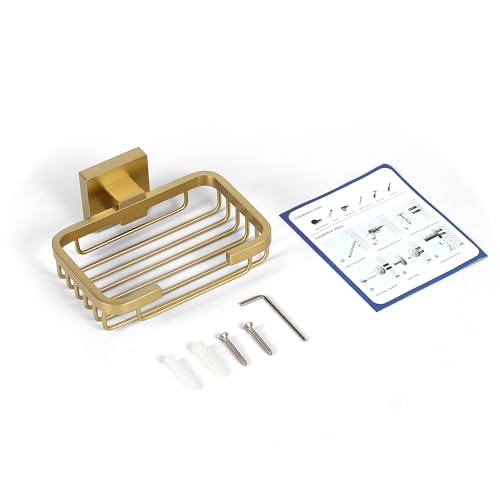 SEIDO Gold Soap Dish for Shower, 304 Stainless Steel Double-Locking Soap Holder, Wall Mount Soap Bar Holder for Shower, Hollowed-Out Drainage, 4.8" L x 3.2" W Internal, for Soap, Sponge, Keys - color: Brushed Gold