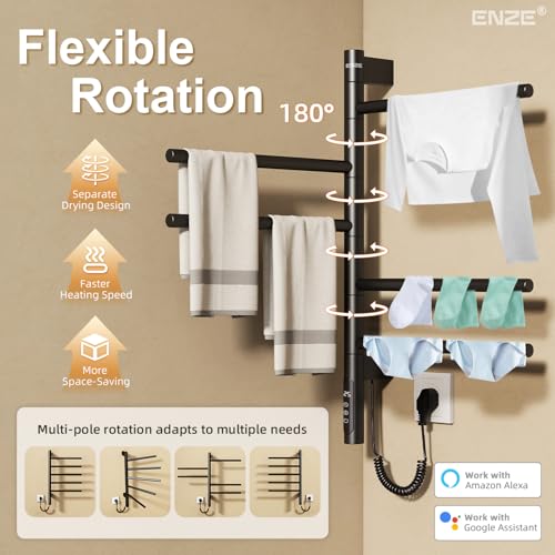 Smart Rotating Heated Towel Rack, 5-Bar, Matte Black | Wall-Mounted Electric Towel Warmer, Swivel Bars, Wi-Fi App Control, 24H Timer, Stainless Steel - color: Black 16.34"x26.77"