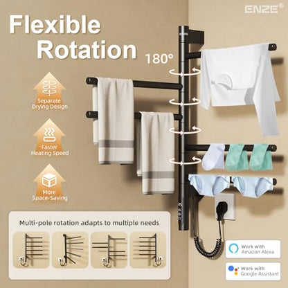Smart Rotating Heated Towel Rack, 5-Bar, Matte Black | Wall-Mounted Electric Towel Warmer, Swivel Bars, Wi-Fi App Control, 24H Timer, Stainless Steel - color: Black 16.34"x26.77"