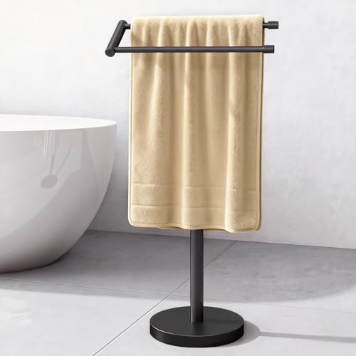 Standing Towel Rack T Shape Tall Bath Towel Holder, Modern Towel Drying Holder Stand Floor Towel Rack Stand with Heavy Base, Upgrade Steady Design for Bathroom, Swimming Pool, Matte Black - size: 20.7inch-2 Bars