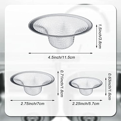 12 Pieces Stainless Steel Sink Strainer Drain Strainer with 4.5/2.75/2.25 Inch for Sink Drainage Kitchen Bathroom Bathtub Drain Screen