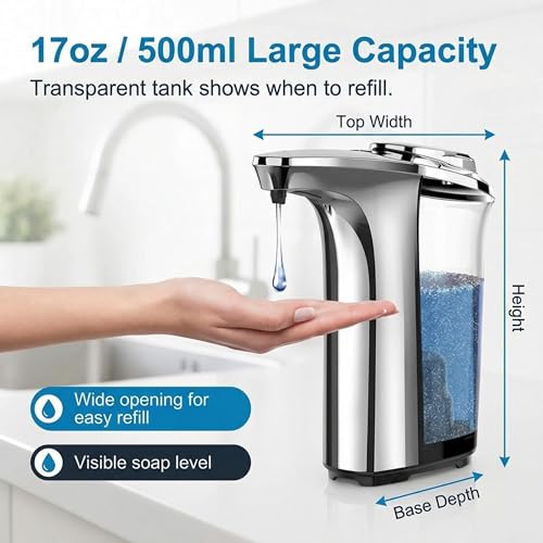 Zyler Touchless Dish Soap Dispenser 17oz/500ml – Automatic Soap Dispenser Touchless with 5 Adjustable Soap Levels, Refillable Liquid Dispenser for Kitchen Sink & Bathroom