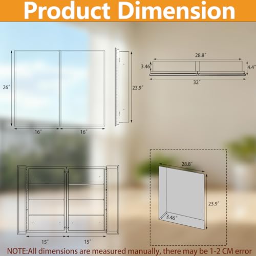 26 x 32 Inch Bathroom Medicine Cabinet with Double Mirror Doors, Recessed or Surface Mount Wall Cabinet for Bathroom, Plastic Frame & Removable Glass Shelves - style: CS5003A-3226