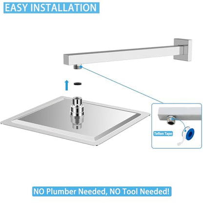 12" High Flow Rainfall Shower Head with 16" Shower Arm, Stainless Steel Square Showerhead Self-Cleaning Silicone Nozzles, Ultra-Thin Design, Universal Wall and Ceiling Mount (Chrome) - size: 12 Inch Square