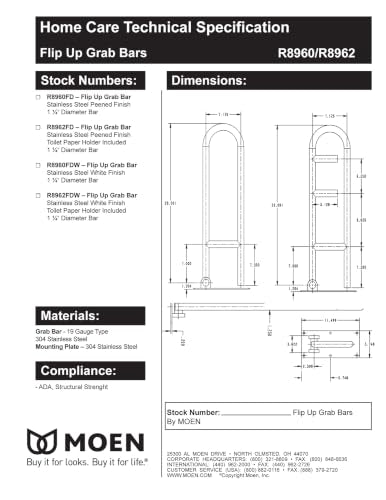 Moen R8960FD 30" Flip-Up Grab Bar, Textured Grip, Stainless | 30" support length, flip-up space saving, textured grip safety, stainless steel durability, wall mount install - color: Peened