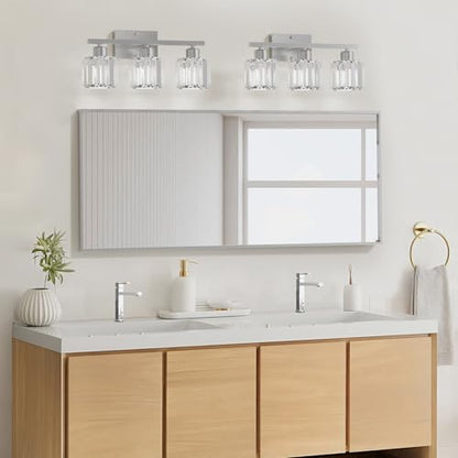 comzler 3-Light Bathroom Light Fixtures Over Mirror, Brushed Nickel Crystal Wall Sconce with E26 Base for Mirror Kitchen Living Room Bathroom, Round Crystal Shades (Bulbs Excluded) - size: Round