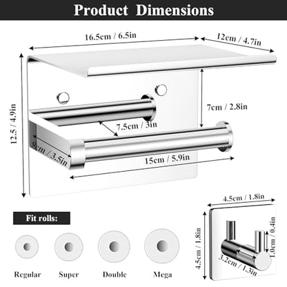 Tindbea Mega Size Toilet Paper Holder with Shelf + Towel Robe Hooks, Adhesive or Screw Wall Mounted Toilet Paper Roll Holder, Stainless Steel Bathroom Hardware Set (Polished Chrome) - color: Polished Chrome, size: Large