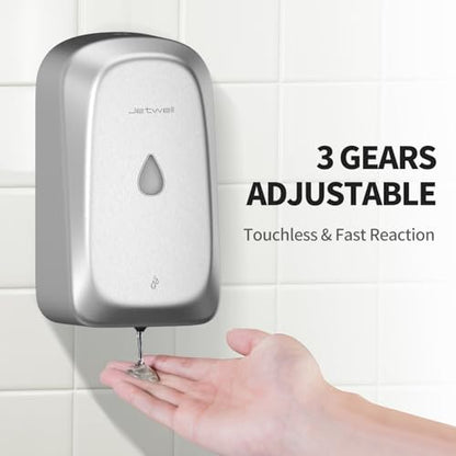 JETWELL Automatic Touch-Less Wall Mount Hand Soap Dispenser Liquid Drop Battery Operated, Brushed Stainless Steel Cover Large Capacity 34OZ/1000ML for Kitchen Home Commercial Bathroom | Brushed Cover, Large Capacity, Battery Powered, Liquid Soap, Commerci