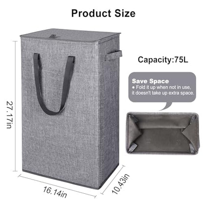 Odonata 75L Slim Laundry Hamper with Lid,Large Foldable Laundry Basket with Removable Bag and Handles Tall Collapsible Dirty Clothes Basket Great for Bedroom, Bathroom, Dorm, College,RV. (Grey, 75L) - color: Grey