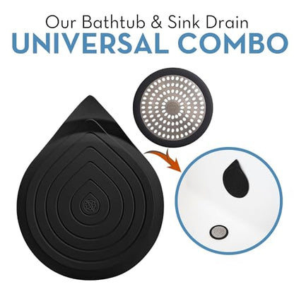 Drain Hair Catcher & Stopper Combo – Tub ShowerRing + StopRing Set for Bathtub & Sink | Stainless Steel Strainer + Silicone Drain Plug | Clog-Free, Universal Fit (Black, 2 Pack) - color: Black