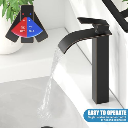 RUMOSE Tall Bathroom Faucet Vessel Sink Faucet with Drain, Bronze | Modern Single Handle One Hole Bathroom Faucet Waterfall Rv Lavatory Vanity Faucet Mixer Tap, Pop Up Drain, Stainless Steel - color: Oil Rubbed Bronze
