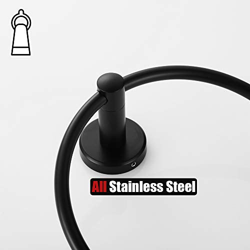JQK Black Towel Ring, 304 Stainless Steel Matte Black Hand Towel Holder for Bathroom, Wall Mount, TR130-PB - color: Black