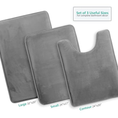 Clara Clark 3 Piece Bathroom Rugs, Velvet Memory Foam Bath Mat Set, Non-Slip Bath Rugs, Machine Wash, Dries Quickly, Ultra Soft Plush Bath Mats for Bathroom, 17 x 24/20 x 32 / Contour, Grey - color: Grey