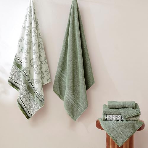 Modern Threads 6 Piece Bath Towel Set – Bathroom Set with 2 Bath Towels, 2 Hand Towels, and 2 Wash Cloths – 100% Cotton, Super Absorbent & Extra Soft – Reversible Floral Trail (Sage Green) - color: Sage Green