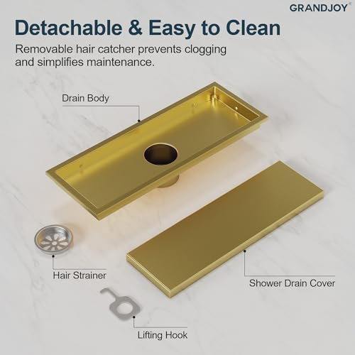12-Inch Linear Shower Drain, Brushed Gold SUS304 Stainless Steel with 2-in-1 Tile Insert Cover & Flat Grate, High Flow Floor Drainer with Hair Strainer, Adjustable Feet - color: Brushed Gold, size: 12