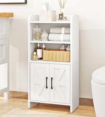 Small Bathroom Storage Cabinet, Farmhouse Freestanding Toilet Paper Storage with 2 Doors and Shelves, Slim Bathroom Storage Cabinet for Small Spaces, White, 7.9" D x 14.2" W x 29.5" H