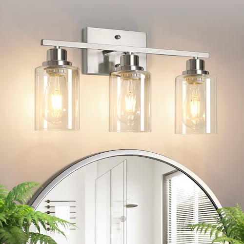 Ascher Bathroom Light Fixtures, 3-Light Vanity Light Over Mirror, Brushed Nickel Wall Sconces with Clear Glass Shades, Wall Lamp for Living Room Bedroom, E26 Base(Bulbs Not Included) - color: Brushed Nickel & Clear Glass, size: 3-Light