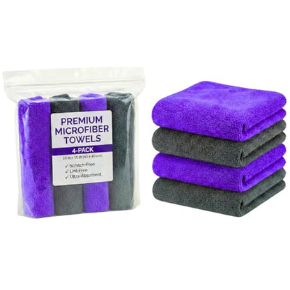Paks - Edgeless Microfiber Towels 4-Pack - Car Detailing Wash Cloths for Cleaning - 16x16 Car Drying Towel - Lint Free Auto Rags for Polishing & Buffing - Purple & Grey Cleaning Supplies - size: 16 x 16 Inch