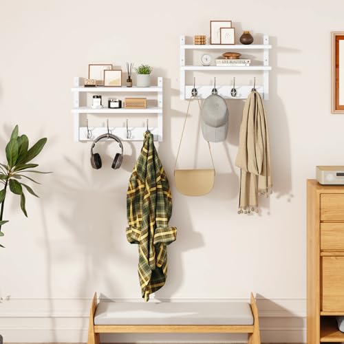 YMYNY Double Shelf Coat Rack Wall Mount with 8 Hooks, White HWS009W-2 | Wooden Coat Hanger Key Holder Wall Mount for Coats Hats Keys - Wood Wall Mounted Coat Rack with Shelf for Entryway & Bathroom - color: White
