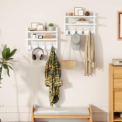 YMYNY Double Shelf Coat Rack Wall Mount with 8 Hooks, White HWS009W-2 | Wooden Coat Hanger Key Holder Wall Mount for Coats Hats Keys - Wood Wall Mounted Coat Rack with Shelf for Entryway & Bathroom - color: White
