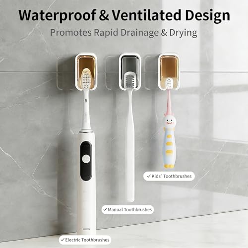 4pc Wall Mount Toothbrush Holder with Lid Self Adhesive, No Drill | Clear Acrylic Dustproof Cover, Fits Electric Toothbrushes, Hygienic for Bathroom & Travel - size: 1 Beige, 1 Black, 1 Gray & 1 White