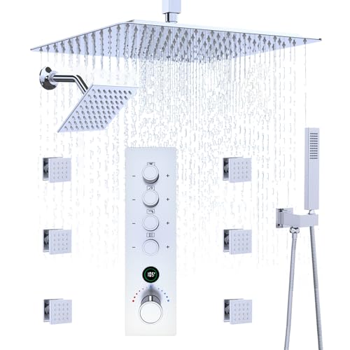 Full Body Dual Heads Rain Shower System with Jets Can Run Together | 4-way Thermostatic Digital Shower Faucets Set, 12" + 6" Tilted Shower + 6 Body Sprays + Handheld, Chrome - color: Chrome, style: 12” + 6" + 6 Jets