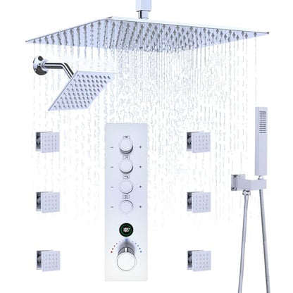 Full Body Dual Heads Rain Shower System with Jets Can Run Together | 4-way Thermostatic Digital Shower Faucets Set, 12" + 6" Tilted Shower + 6 Body Sprays + Handheld, Chrome - color: Chrome, style: 12” + 6" + 6 Jets
