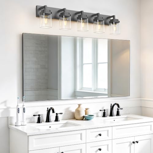 Matte Black Bathroom Light Fixtures, Modern Vanity Lights with Clear Glass Lamp Shade, Bathroom Lighting Fixtures Over Mirror, Restroom Vanity Lighting Fixture, 5-Light 36 Inch - color: Blakc, size: 5-Light