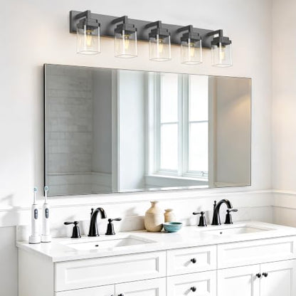 Matte Black Bathroom Light Fixtures, Modern Vanity Lights with Clear Glass Lamp Shade, Bathroom Lighting Fixtures Over Mirror, Restroom Vanity Lighting Fixture, 5-Light 36 Inch - color: Blakc, size: 5-Light