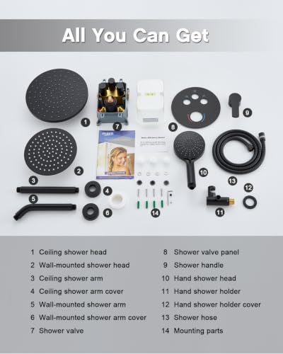 Iriber Matte Black Shower head with Handheld,8"+10" Rain Shower Faucet Set | 10 Inch Ceiling +8 Inch Wall Mount Dual Shower Heads,Push Button Diverter,3 Setting Handheld,Pressure Balance Valve Cartridge - color: Matte Black 06