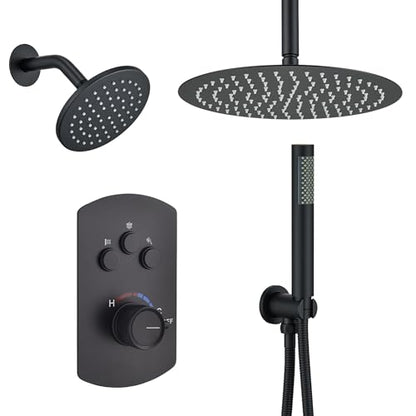 MONDAWE 12 Inch Ceiling Mounted Black Shower System, Dual Rainfall Shower Head & High Pressure Handheld Spray Combo, 3-Function Luxury Shower Faucet Set for Bathroom, All Functions Work Simultaneously - color: Matte Black