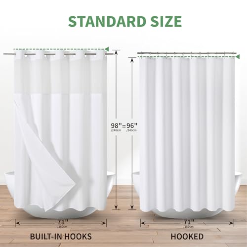 eachope No Hook Slub Textured Shower Curtain with Snap in Liner,White,71x98 | Extra Long Luxury Soft Fabric with See-Through Top Window,Water Repellent & Washable for Bathroom, Apartment,RV - color: White, size: 71"W x 98"L (Pack of 1)