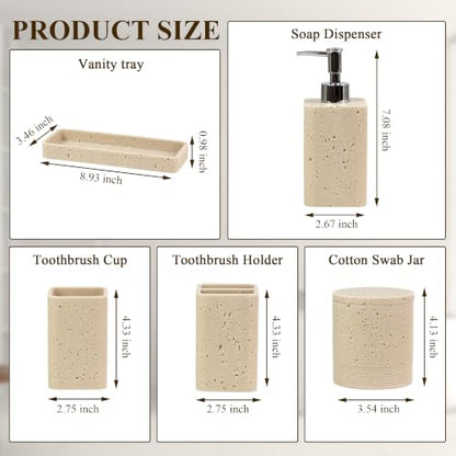 Bathroom Accessories Set 6 Piece Soap Dispenser Set Travertine Beige | Bathroom Set with Toothbrush Holders, Soap Dispenser, Vanity Tray, Tumbler, Cotton Swab Jars, Bathroom Organizer and Storage - color: Travertine Beige