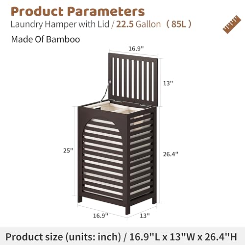 Laundry Hamper with Lid (16.9 * 13 * 26.5inches) Large Bamboo Laundry Bin Basket 85L Clothes Hamper with 1 Removable Bag Storage baskets for Bathroom(Brown) - color: Brown
