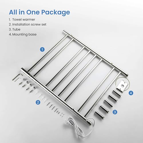 Kibi 24 Inch Wall-Mounted Electric Towel Warmer Rack– 8-Bar 304 Stainless Steel, ETL-Certified, Hardwired or Plug-in, Fast-Heat Up to 122 Degrees F – Heated Towel Rack for Bathroom (Chrome) - color: Chrome