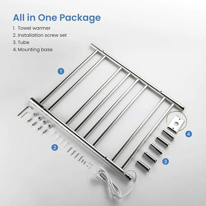 Kibi 24 Inch Wall-Mounted Electric Towel Warmer Rack– 8-Bar 304 Stainless Steel, ETL-Certified, Hardwired or Plug-in, Fast-Heat Up to 122 Degrees F – Heated Towel Rack for Bathroom (Chrome) - color: Chrome