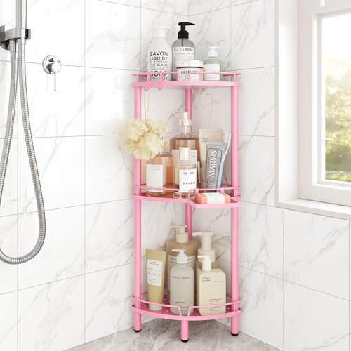 ELYKEN Corner Shower Caddy Standing, 3 Tier Metal Shower Organizer, Pink | Stainless Steel Shower Shelves with Soap Holder, Adjustable Feet & 2 Hooks for Storing Bath Essentials in Bathroom corner - color: Pink, size: 3 Tier