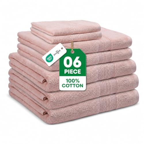 ESSELL 24/7 Aurora Collection 6 Piece Bath Towel Set, 100% Cotton, Durable, Quick Dry & Light Weight, 2 Bath Towels, 2 Hand Towels, 2 Washcloths - Blush - color: Blush