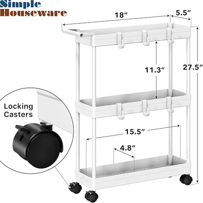 Simple Houseware 3-Tier Slim Rolling Cart w/Handle 5.5" Wx27.5 H, White | Storage Cart for Narrow Space (5.5-Inch Wide) Kitchen, Bathroom, Laundry Room - color: White