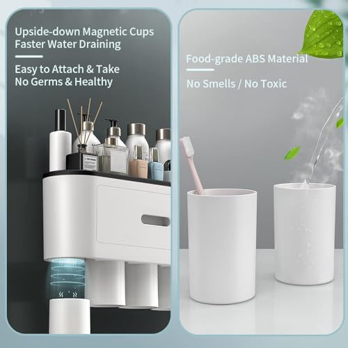 Toothbrush Holders Wall Mounted, Toothbrush Holder with Automatic Toothpaste Dispensers, 6 Brush Slots, 3 Magnetic Cups,1 Cosmetic Drawer Organizer and 1 Large Storage Tray - size: Black 3 Cups