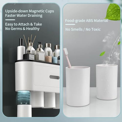 Toothbrush Holders Wall Mounted, Toothbrush Holder with Automatic Toothpaste Dispensers, 6 Brush Slots, 3 Magnetic Cups,1 Cosmetic Drawer Organizer and 1 Large Storage Tray - size: Black 3 Cups