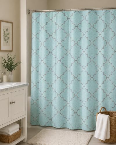 Serafina Home Geometric Aqua Fabric Shower Curtain, Blue Grey Damask Moroccan Design, 70x72 Inch, with 12 Rollerball Hooks - color: Portman Geo