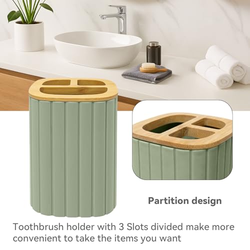 Bathroom Accessories Set, Sage Green Soap Dispenser and Toothbrush Holder | Bamboo Bathroom Sets Accessories, Bathroom Set Striped - color: Sage Green