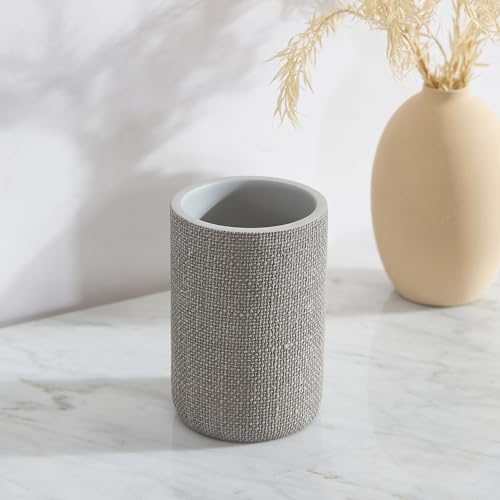 Tahari Home Bathroom Organizer Set - 4-Piece, Resin | Countertop Accessories | Toothbrush Holder, Tumbler, Vanity Tray & Lotion Pump | Modern Textured Design | Durable & Easy Clean | Astor Light Gray - color: Light Grey