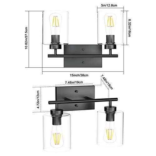 Aipsun 2 Lights Black Vanity Light Fixtures Over Mirror with Clear Glass Shades Industrial Wall Light Fixture for Bathroom(Exclude Bulb) - size: 15 inch