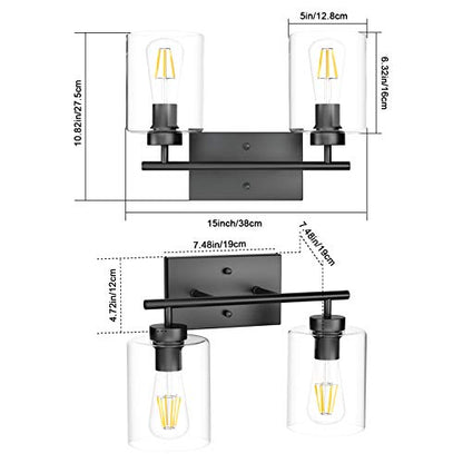 Aipsun 2 Lights Black Vanity Light Fixtures Over Mirror with Clear Glass Shades Industrial Wall Light Fixture for Bathroom(Exclude Bulb) - size: 15 inch