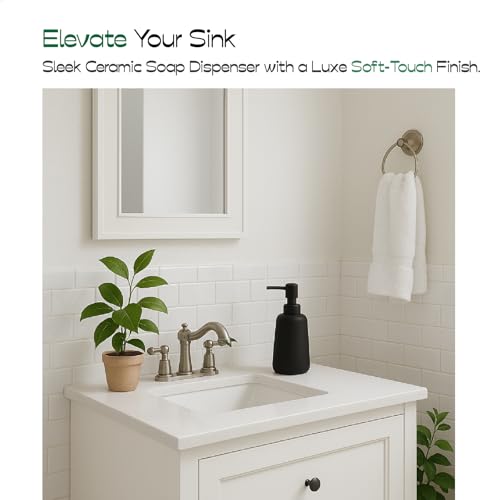 Matte Black Ceramic Soap Dispenser, 13 oz Refillable Bathroom or Kitchen Countertop Dispenser with Soft Touch Rubber Coating | Rubber Paint Finish, Smooth Relaxing Touch, Sleek Modern Shape, Elegant Countertop Accent, Minimal Bathroom Kitchen Decor - colo