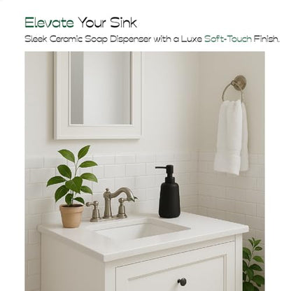 Matte Black Ceramic Soap Dispenser, 13 oz Refillable Bathroom or Kitchen Countertop Dispenser with Soft Touch Rubber Coating | Rubber Paint Finish, Smooth Relaxing Touch, Sleek Modern Shape, Elegant Countertop Accent, Minimal Bathroom Kitchen Decor - colo