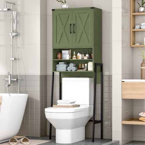 Vabches Metal Frame Over The Toilet Storage Cabinet, Green | Farmhouse Over Toilet Storage Cabinet with 2 Barn Doors, Home Space-Saving Toilet Rack for Bathroom, Toilet, Laundry Room - color: Dark Green, style: Iron frame