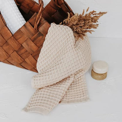 Waffle Bath Sheet Set, 100% Turkish Cotton, Includes 1 Bath Sheet, 1 Hand Towel, 2 Face Towels - color: Beige, size: Bath Sheet Set (4 Pieces)